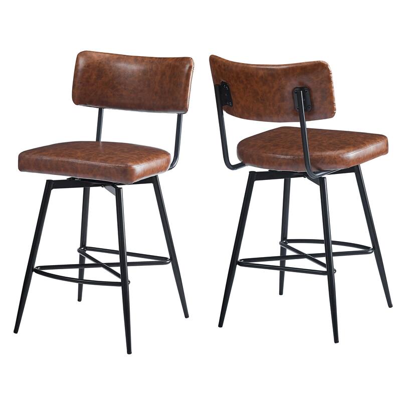 Roomfitters 26'' Retro Swivel Counter Stools, Set of 2 PU Leather Bar Chairs with Cushioned Seat and Iron Frame
