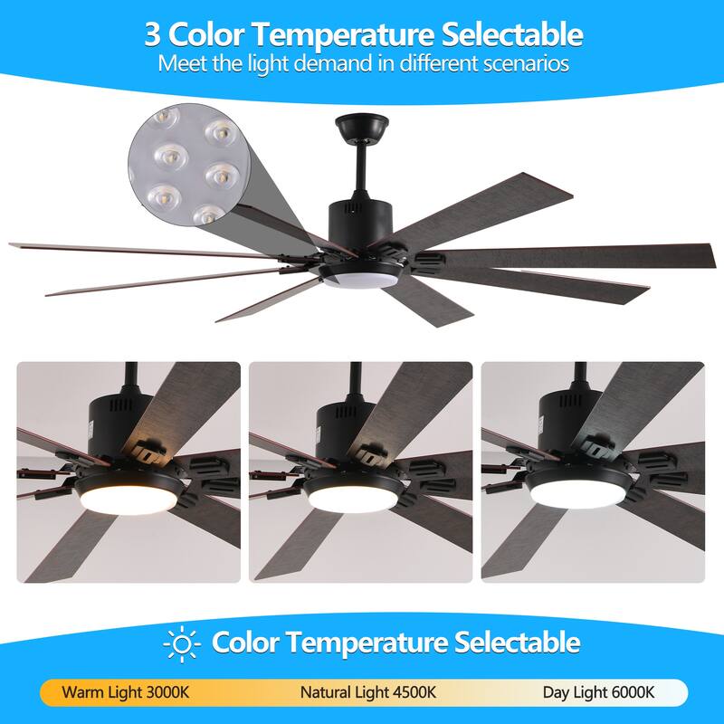 72" Walnut LED Ceiling Fan Light with 8 Wooden Blades, Remote Control, Adjustable Color Temperature for Living Room, Bedroom