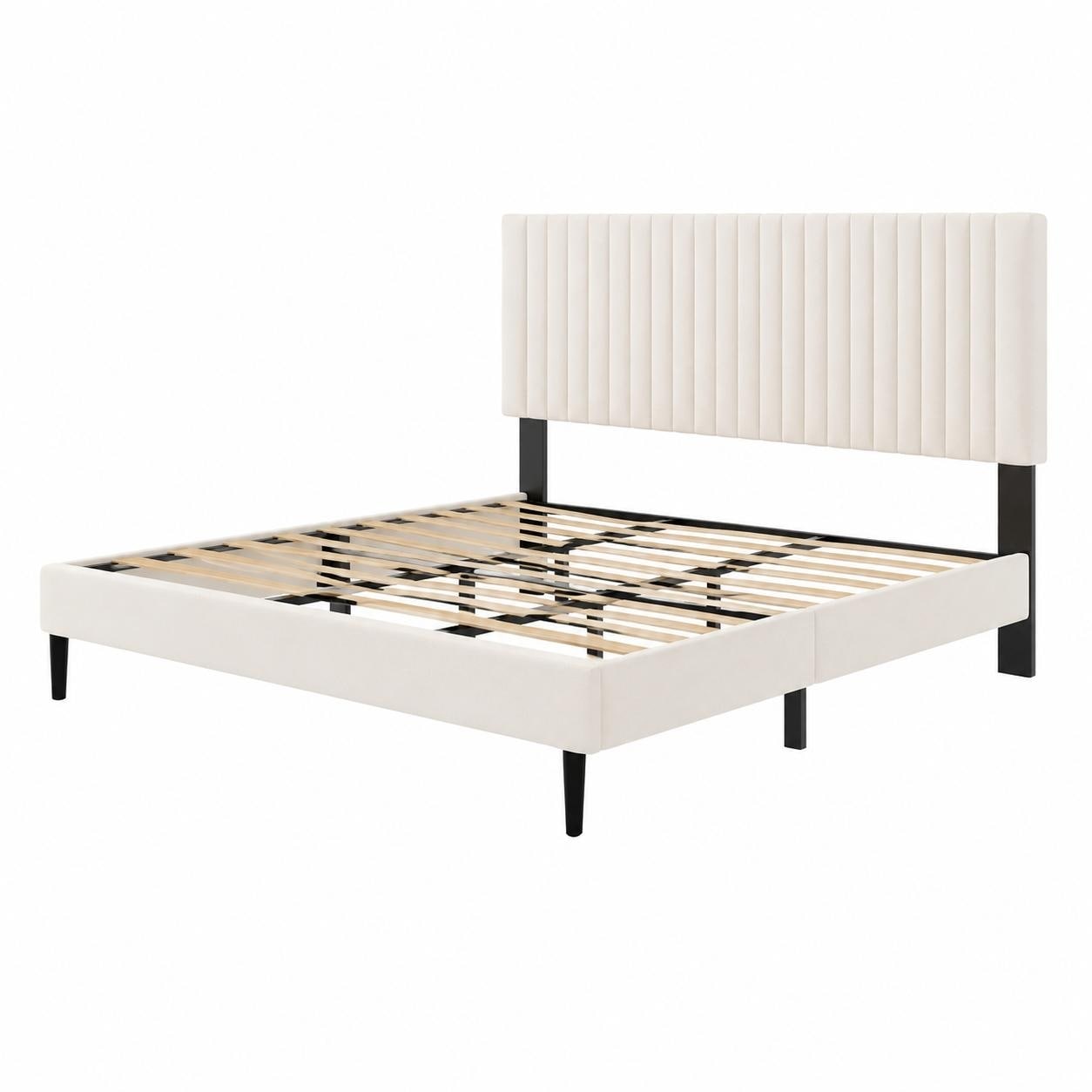 Velvet Upholstered Platform Bed with Height-Adjustable Headboard, Sturdy Frame and Alats