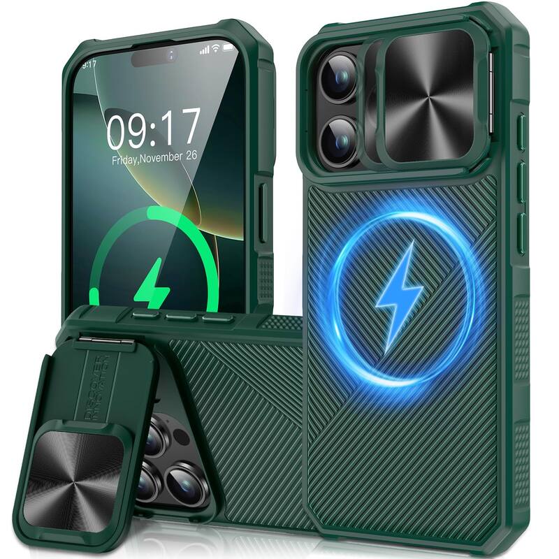 iPhone 16 Pro Max Camera Protection Kickstand - Case Compatible with Mag Safe, Protective Shockproof Military, Phone Case - Green