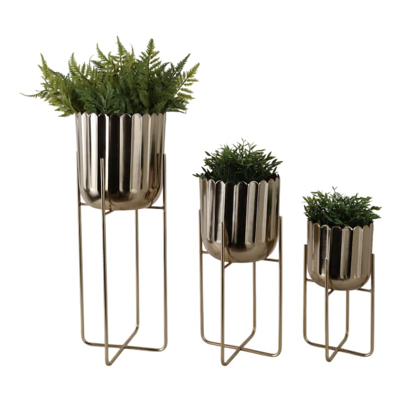 Metal Planter on Stand Scalloped Finish (Set of 3) - 7", 9", 10" Gold - 9.75" x 9.75" x 27"
