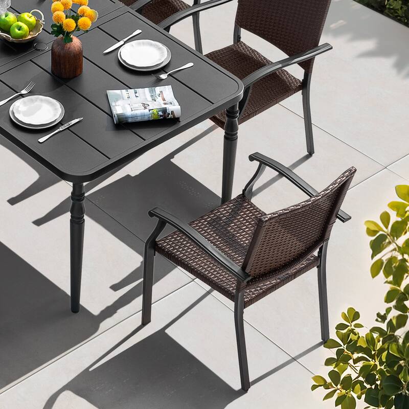 Outdoor 7-Piece Metal Wicker Dining Set with 1.6'' Umbrella Hole, Black