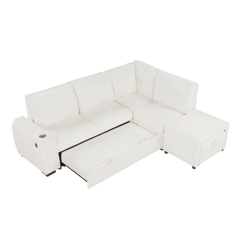 94" Creamy White Corduroy Sectional Pull-out Sofa Bed with Ottoman, Stool, Storage, Cup Holder & USB Ports