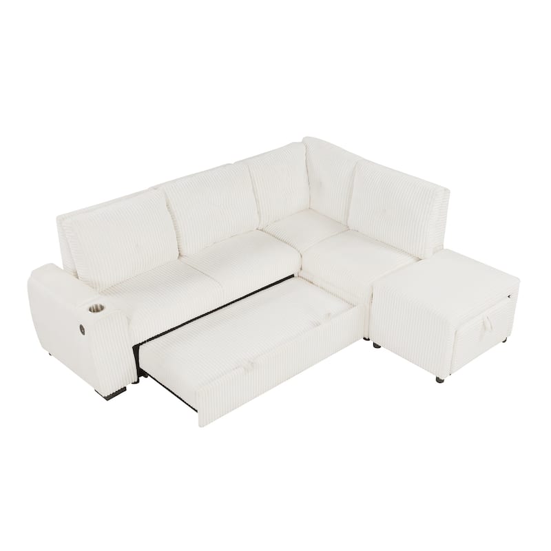 94" Pull-Out L-Shaped Sectional Sofa with Movable Ottoman,Stool,Cup Holder and Two USB Ports