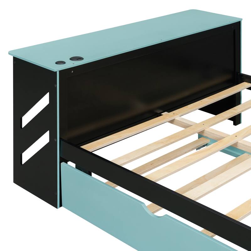 Roomfitters Full Size Wood Daybed with Twin Trundle and Built-in Desk, Modern Gaming Bed Frame with USB Port