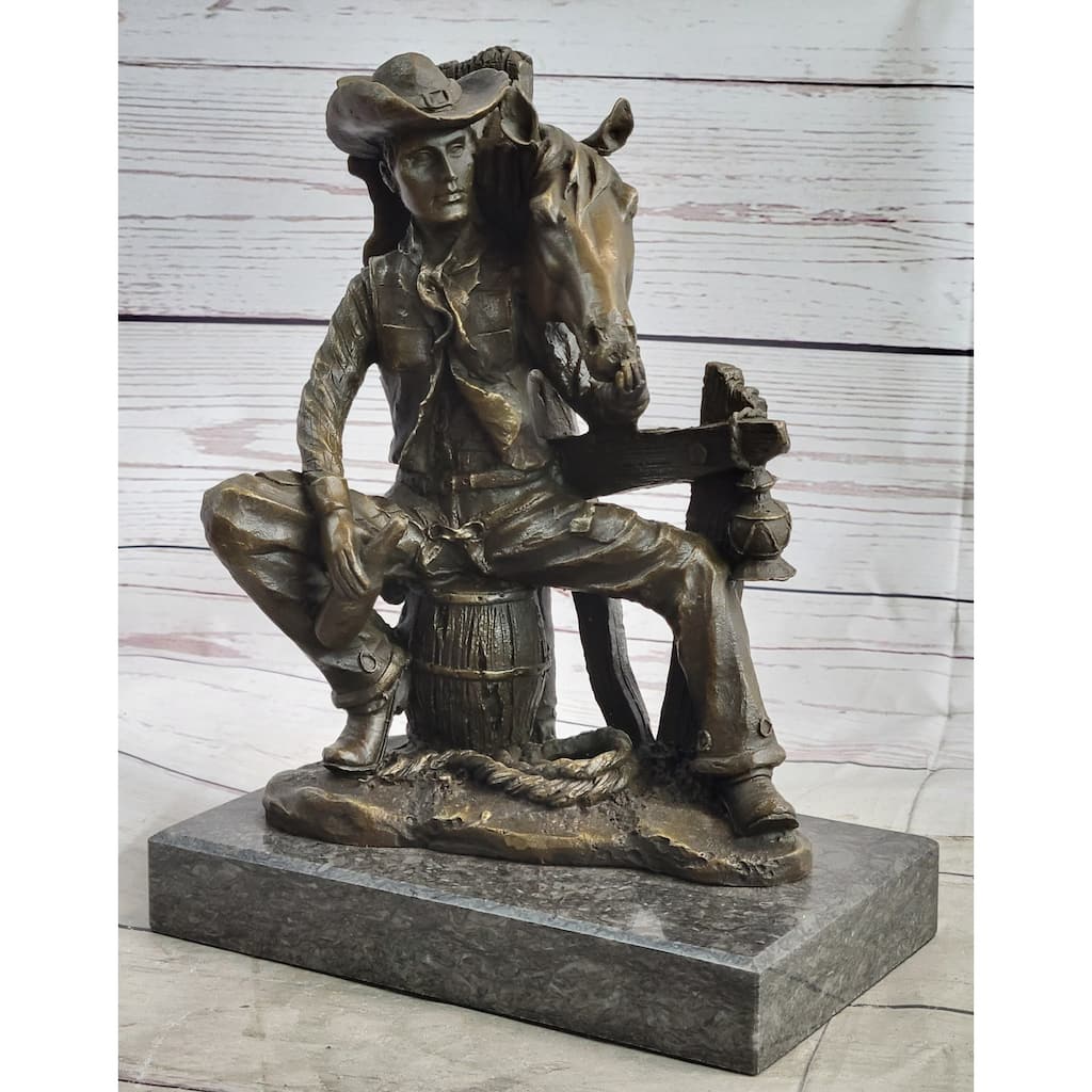 Cowboy Horse Sitting Having A Drink Bronze Statue Sculpture Country Western