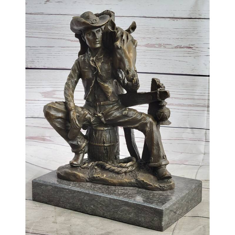 Cowboy Horse Sitting Having A Drink Bronze Statue Sculpture Country Western