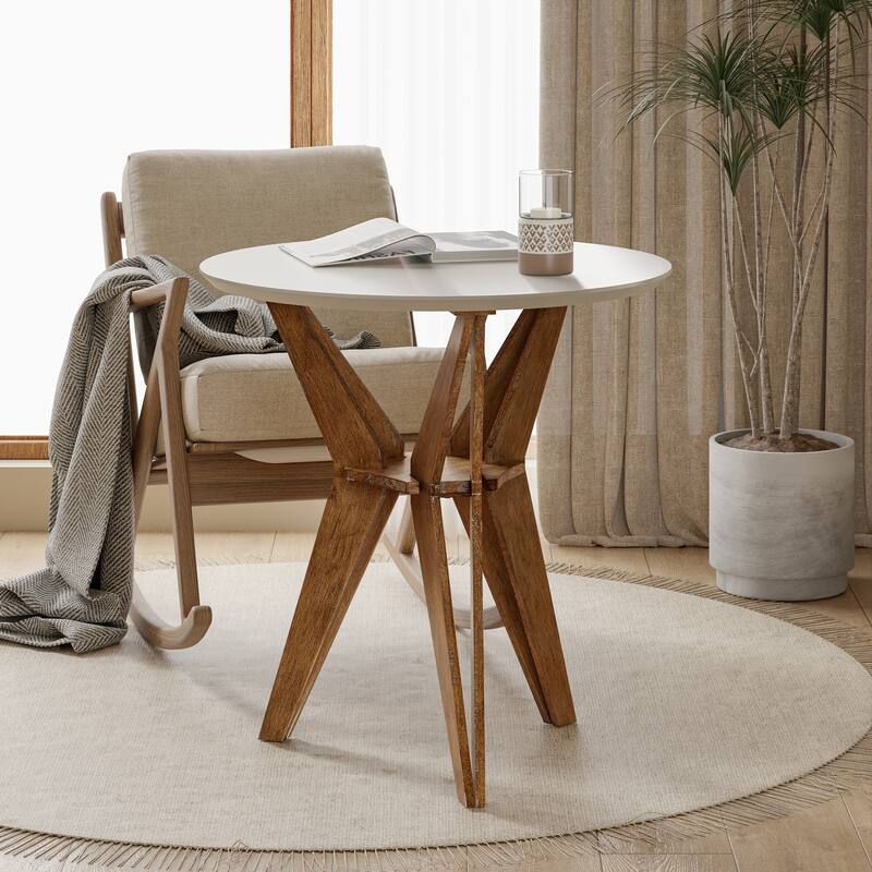 COZAYH Farmhouse End Table, Rustic Side Table with White Top and Tripod Base, Round