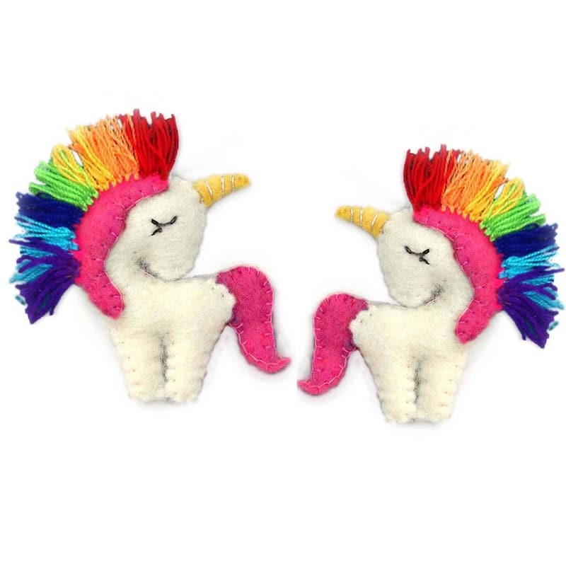 Handmade Unicorn Felt Ornaments, Set of 2 - Rainbow