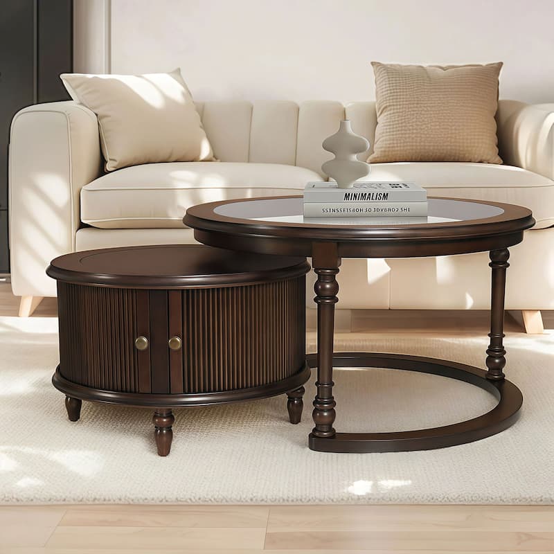Modern Wood Coffee Table Set with Glass Nesting Tables, Accent Tables End Table with Movable Striped Door