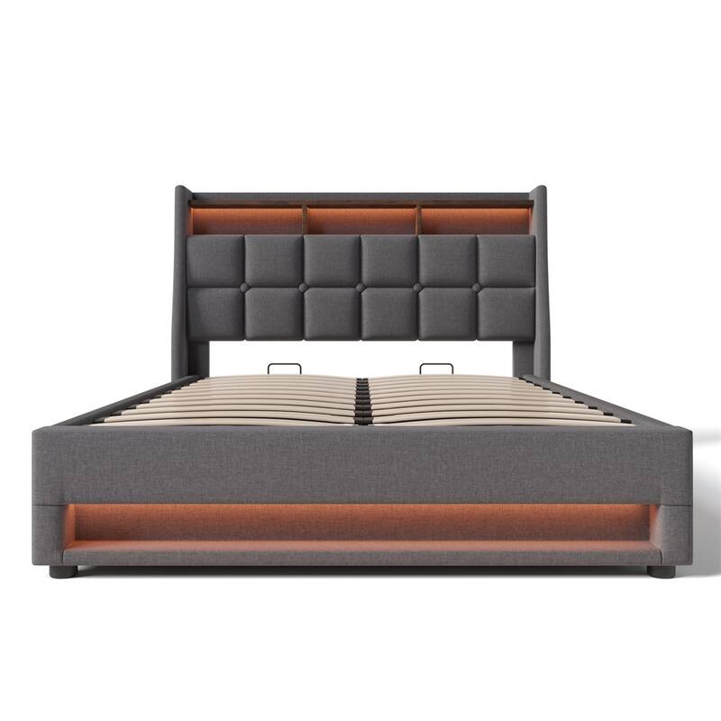 Full Size Upholstered Platform Bed w/ a Hydraulic Storage System, LED - Grey
