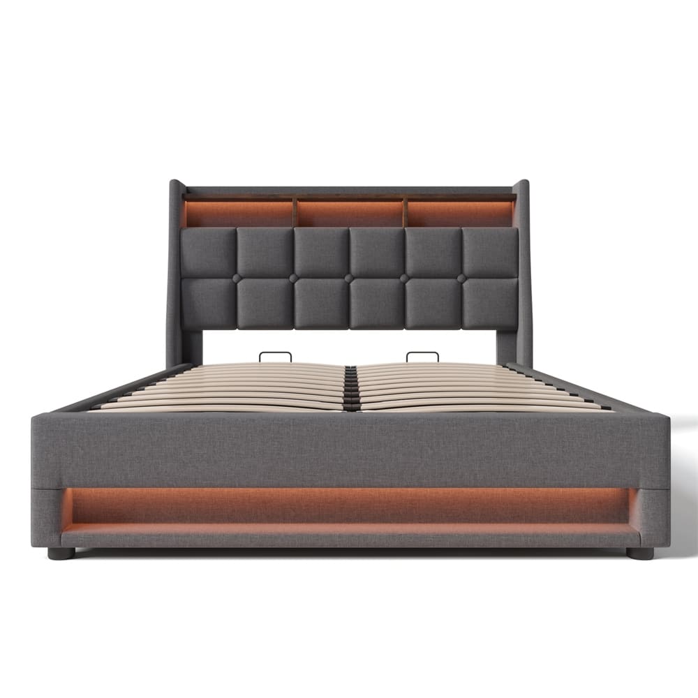 Queen Size Upholstered Platform Bed w/ a Hydraulic Storage System, LED