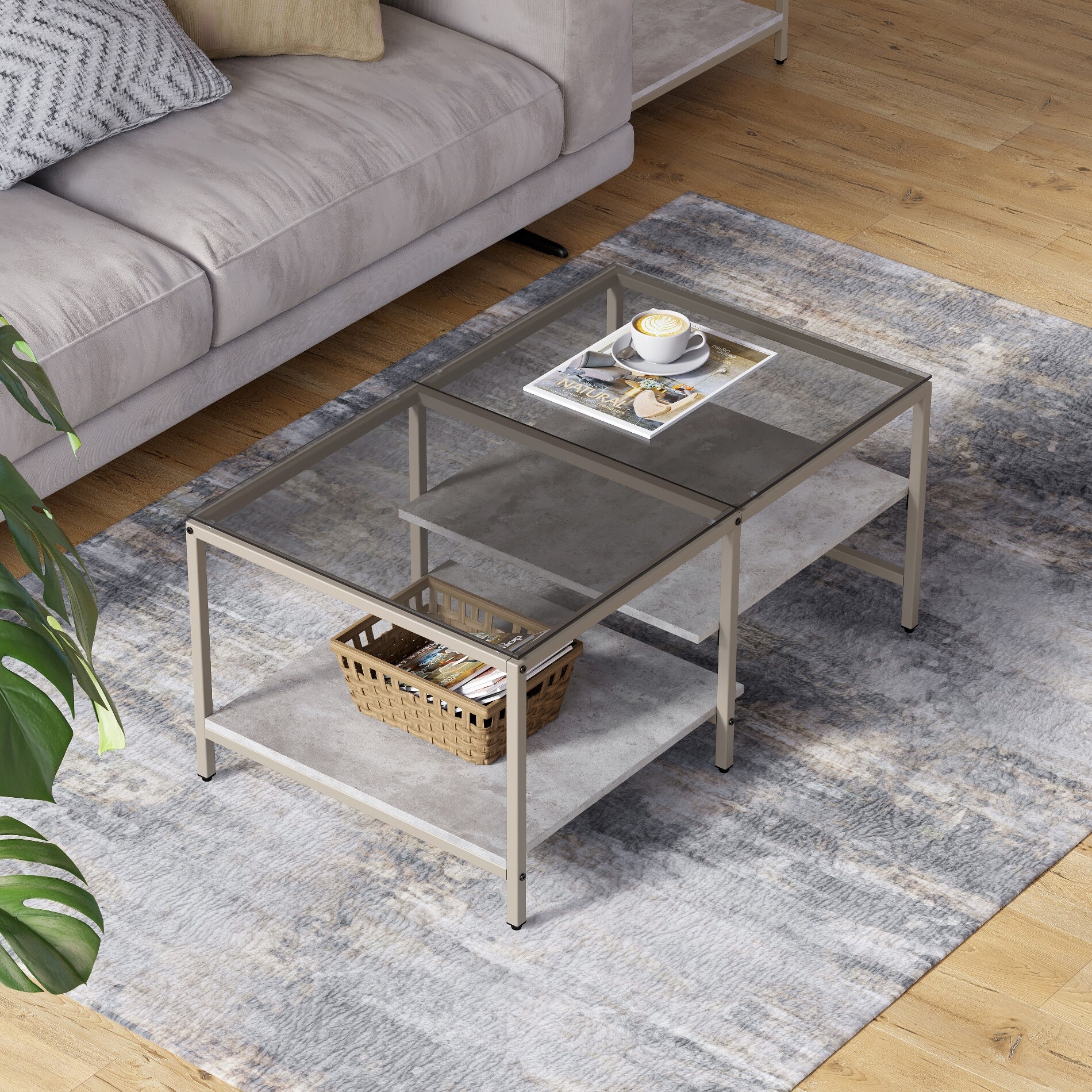 Rectangle Metal Wood Center Tables with Grey Tempered Glass Top HOMOOI Glass Coffee Table with 2-Tier Wood Storage Shelves for Small Spaces 40 Walnut