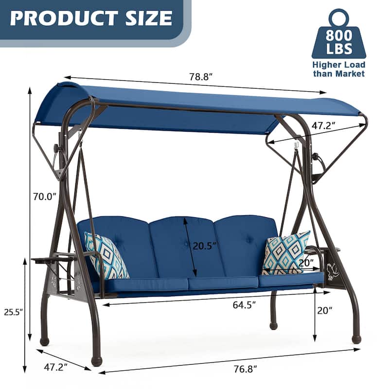 3-Person Outdoor Patio Swing with Adjustable Canopy