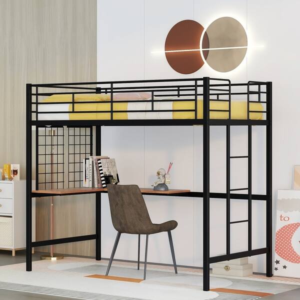 slide 2 of 13, Black Twin Size Metal Loft Bed with Desk, Ladder, and Metal Grid for Kids Twin - Black