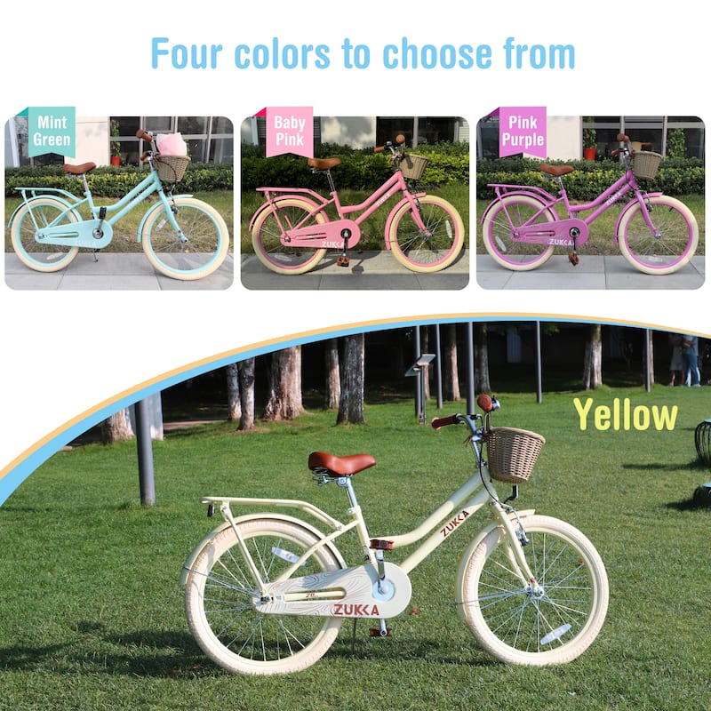20 Inch Girls Bike with Basket, Single Speed Steel Frame, Front V-Brake & Rear Coaster Brake, Ages 7-10