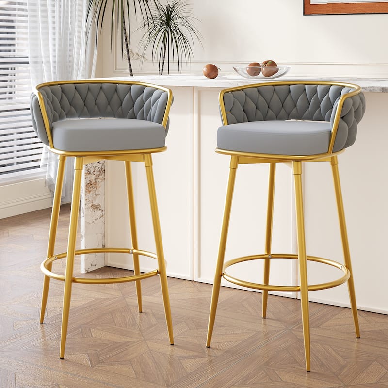 Swivel Bar Stools Set of 2 31 Inch Upholstered Gold Legs Footrest - Grey