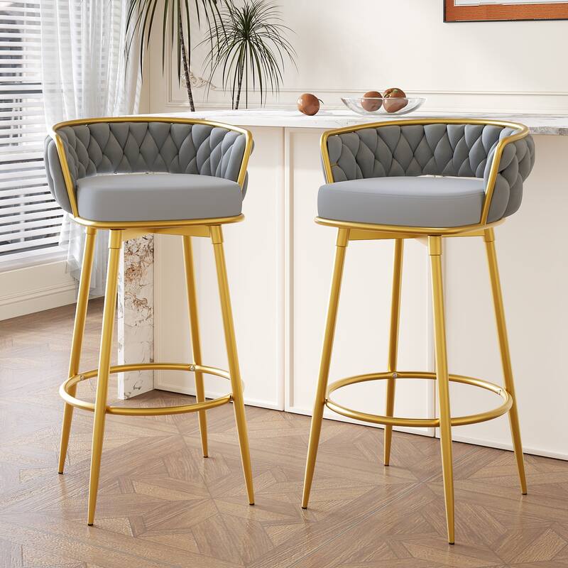 Velvet Swivel Bar Height Stools Set of 2, Counter Stools Dining Chairs with Hand-Woven Backrest & Footrest