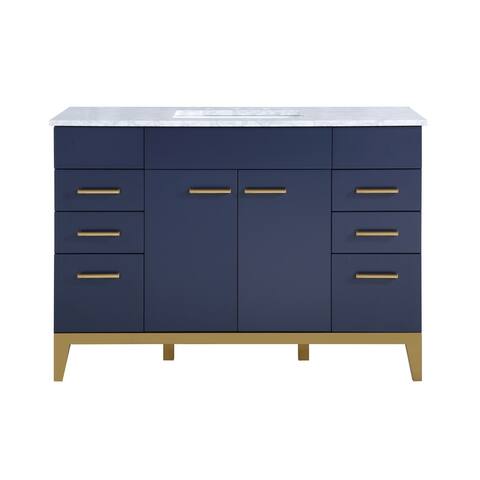 Enigma Freestanding Bath Vanity in Blue with White Carrara Marble Top
