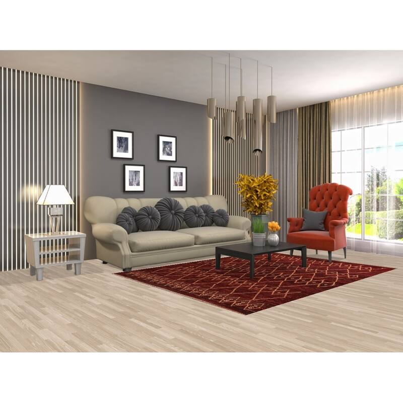 Hand Knotted Oriental 100% Wool Carpet Modern Tribal Red Moroccan Area Rug - 7' 8'' X 5' 7''