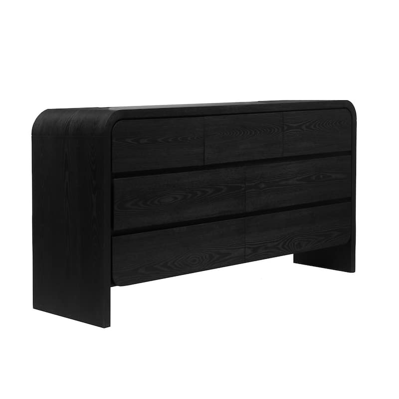 Cave 68 Inch Dresser, 7 Drawers, Modern Curved Side Panels, Black Wood