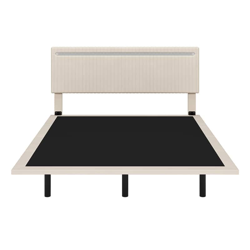 Modern Upholstered Floating Bed Frame w/LED Lights,Velvet Fabric Bed