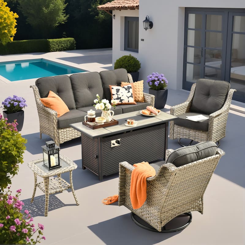 OVIOS 5 Pieces Outdoor Wicker Set with 54" Fire Table