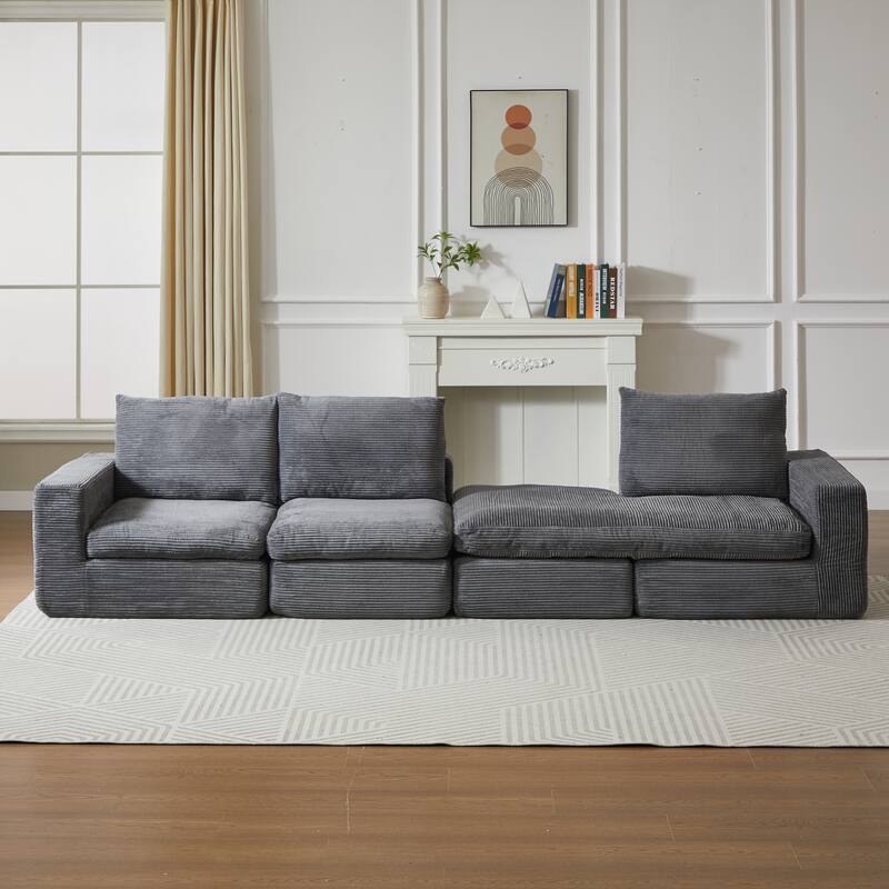 L-Shaped Sectional Sofa with Chaise Lounge, Corduroy Upholstered Boneless Couch, Module Corner Sofa with 3 Pillows