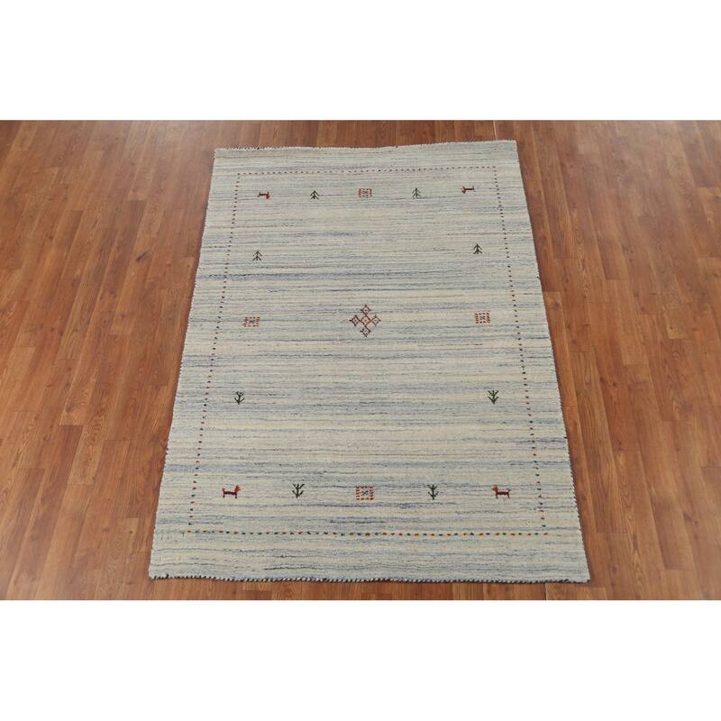 Ivory & Blue Striped Gabbeh Accent Rug Hand-Knotted Wool Carpet - 4'0"x 5'9"
