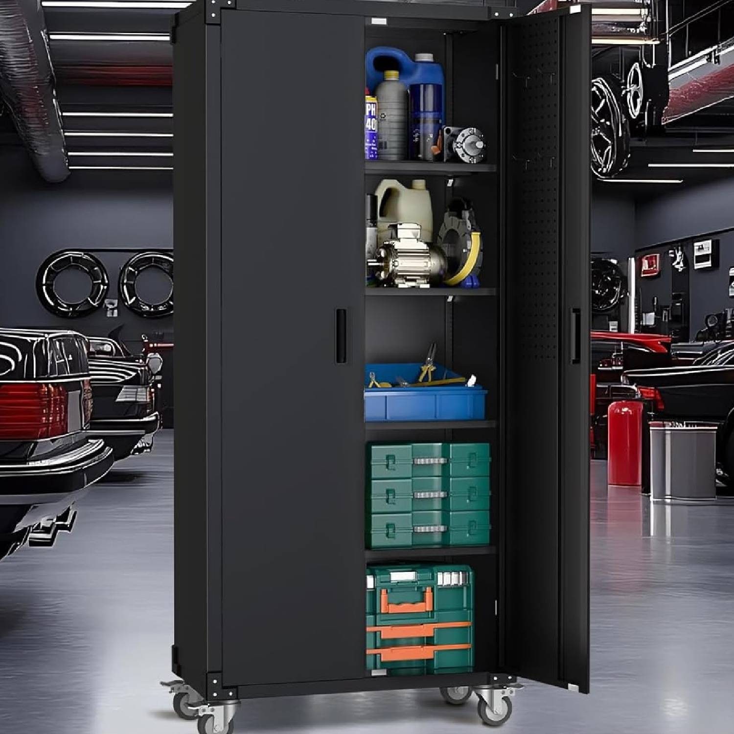 72" H Garage Storage Cabinet with Wheels and 4 Adjustable Shelves