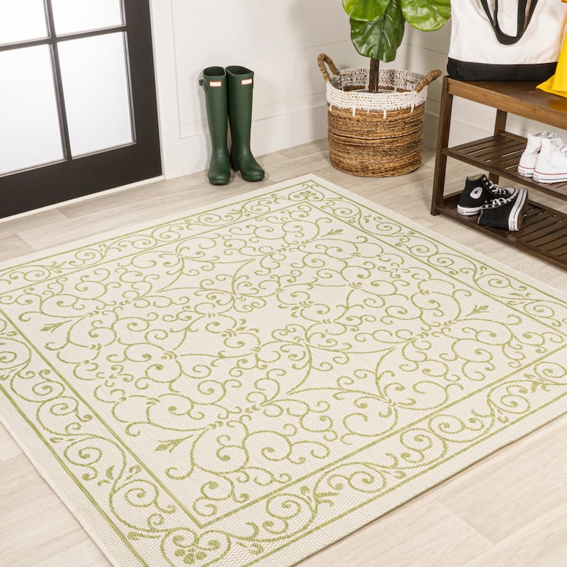 JONATHAN Y Filigree Textured Weave Indoor/Outdoor Area Rug - 5' Square - Cream/Green
