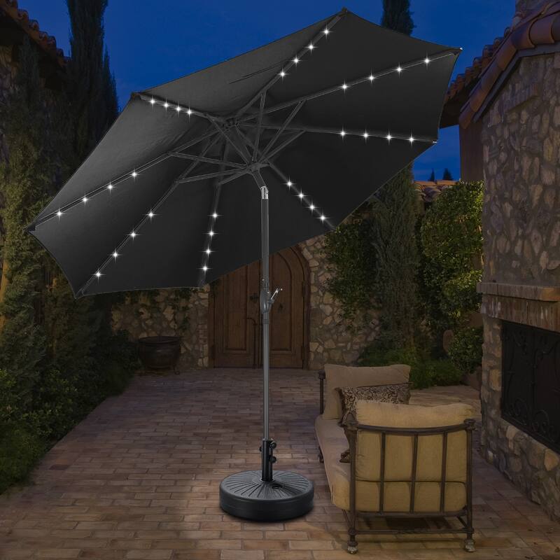 10ft Patio Umbrella with Lights Outdoor Solar Umbrella - Black with Base