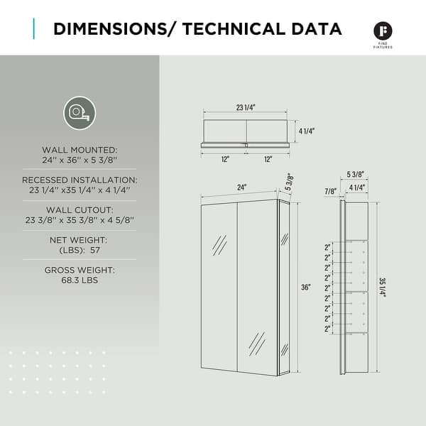 dimension image slide 13 of 15, Bathroom Medicine Cabinet, Aluminum, Recessed/Surface Mount, Right/Left Hinged, Mirrored Interior