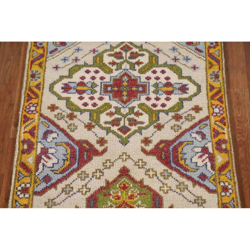 Geometric Beige Kazak Indian Rug Handmade Wool Carpet - 2'7"x 6'0"