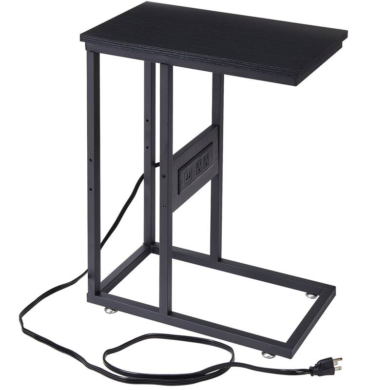 VECELO C Shaped End Table with Charging Station Sofa Table with USB Ports and Outlets C Couch Rustic Snack Bed Table - 11x19x24