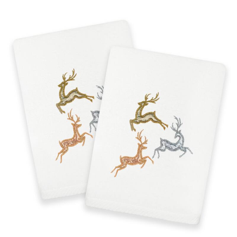 Authentic Hotel and Spa Christmas Leeping Deer 2PC Hand Towel Set - White