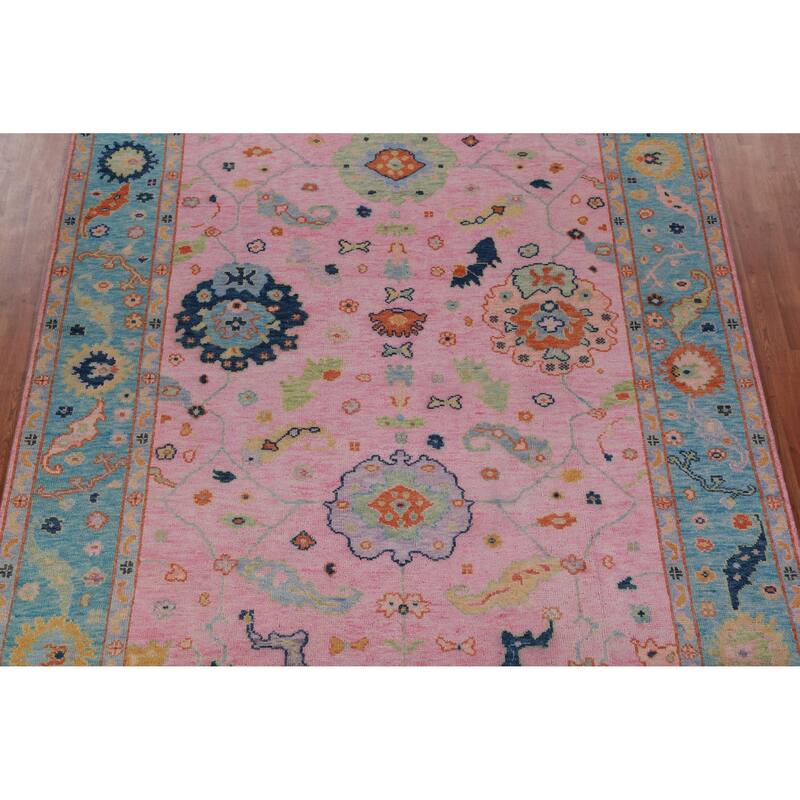 Pink Blue Floral Oushak Indian Large Rug Handmade Wool Carpet - 7'11" x 16'0"