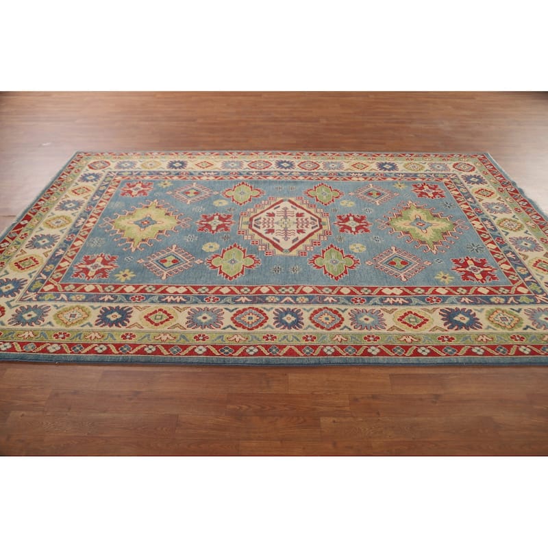 Blue Traditional / Geometric Kazak Area Rug Handmade Wool Carpet - 5'11" x 9'5"