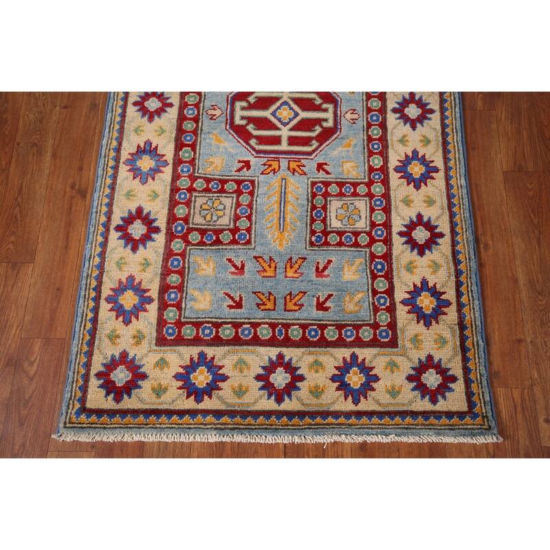 Light Blue Geometric Kazak Runner Rug Hand-Knotted Wool Carpet - 2'7" x 20'8"