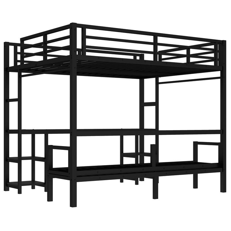 Convertible Queen Over Twin XL Metal Loft Bed with Foldable Sofa, Built-In Desk, Shelves, USB Ports & LED Lighting
