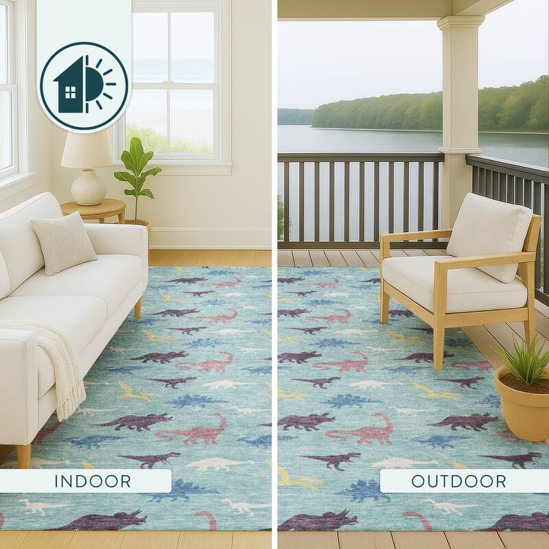 Machine Washable Indoor/ Outdoor Modern Dinosaur Chantille Rug