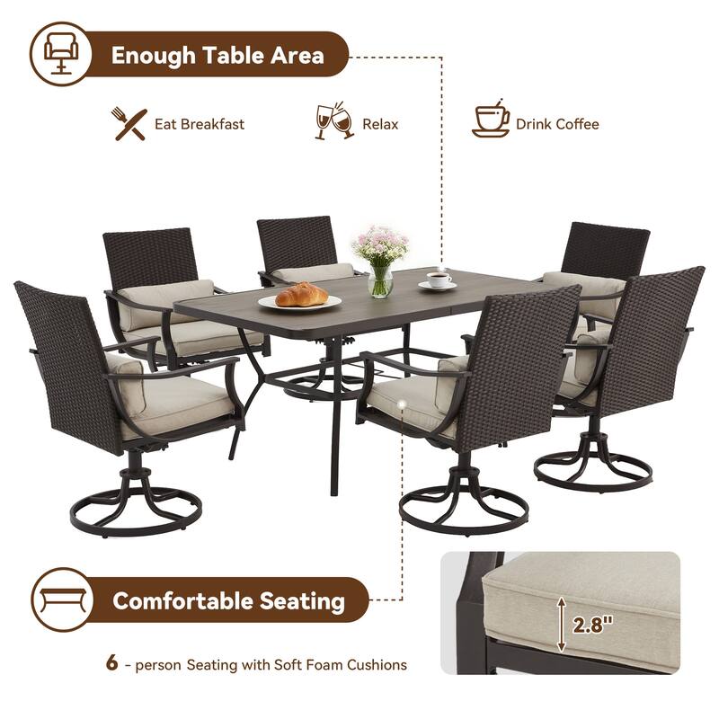 EROMMY Outdoor Dining Set, Swivel Rocking Chairs, Rectangular Table w Umbrella Hole, Patio Furniture Set for Backyard