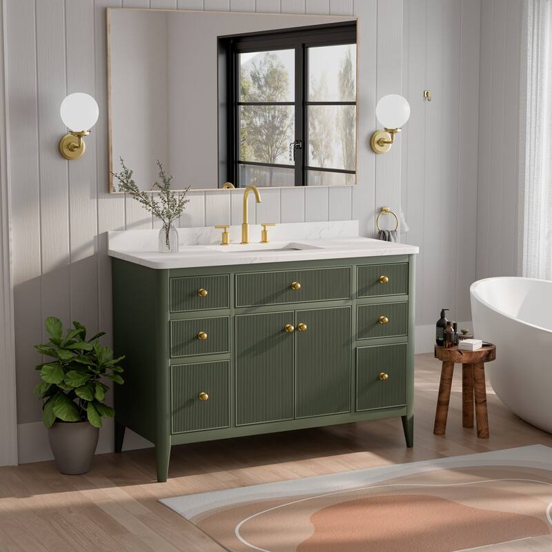 Modland 48" Bathroom Vanity with Sink, Soft Close Drawers & Doors, Carrara Marble Top, Fully Assembled - 48 inch - Vintage Green