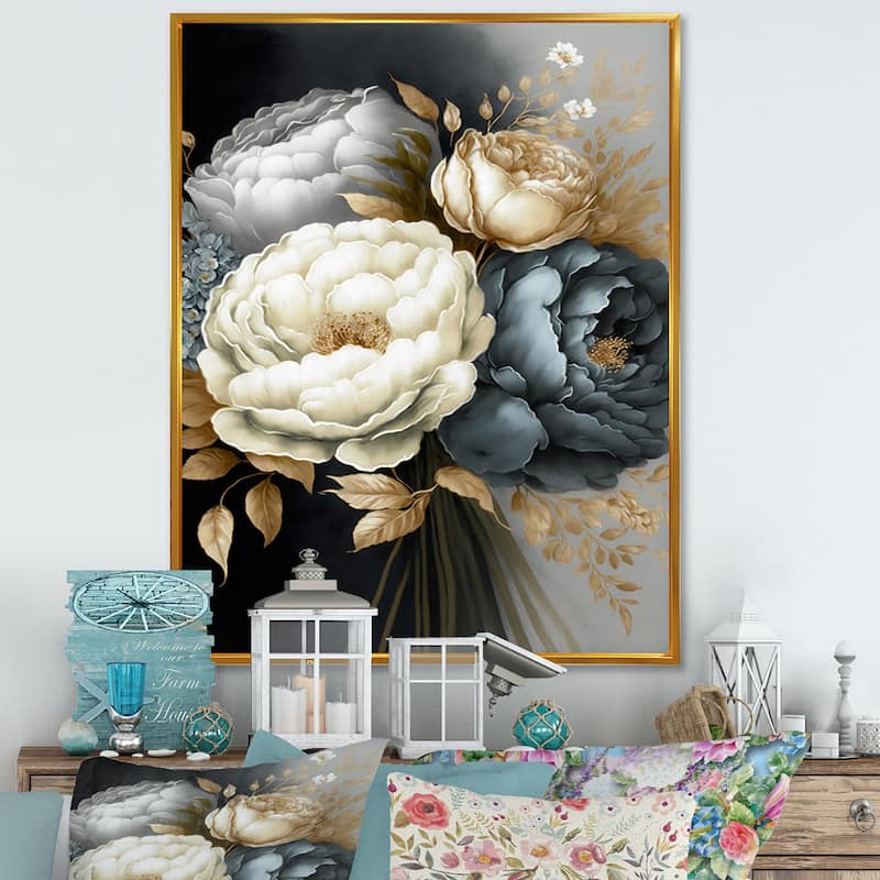 Designart "White, Blue And Grey Peony Bouquet III" Floral & Botanical Framed Canvas Art Print - 12 in. wide x 20 in. high - Gold