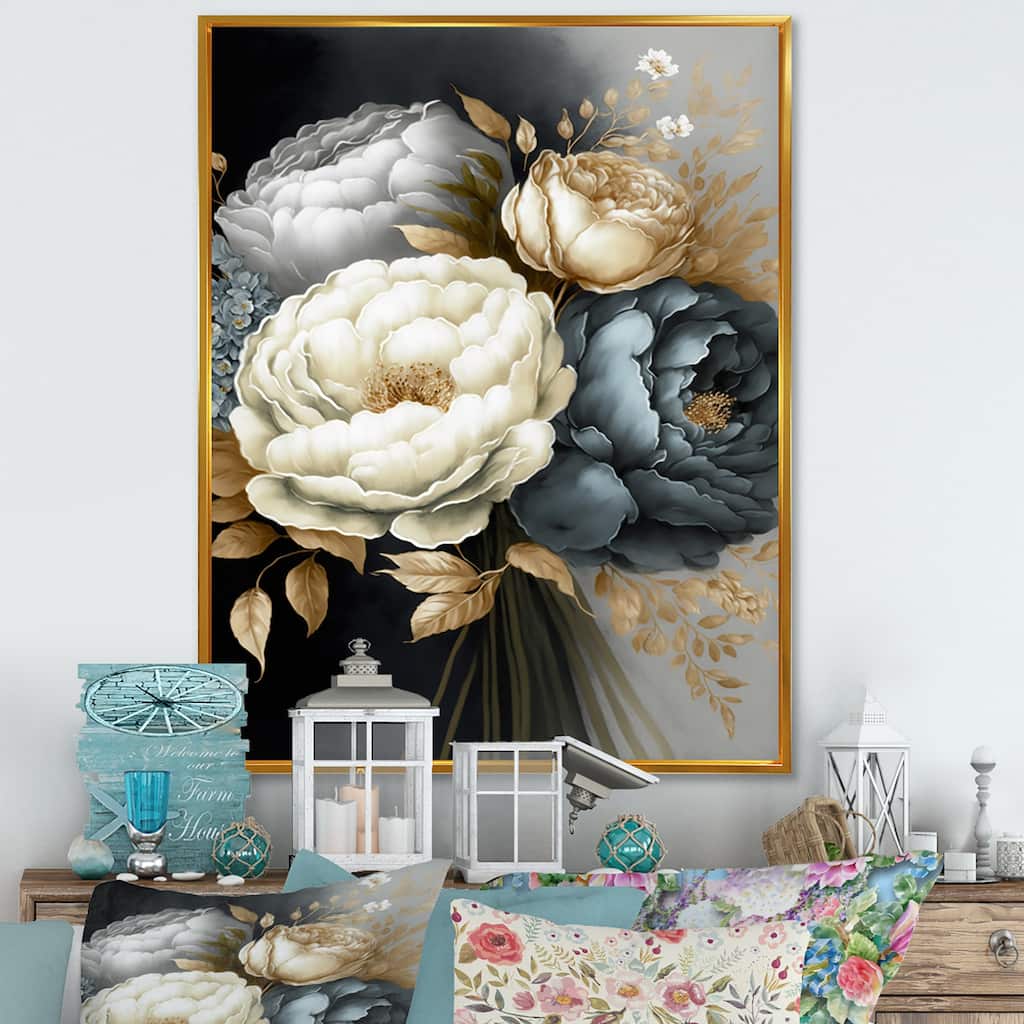 Designart "White, Blue And Grey Peony Bouquet III" Floral & Botanical Framed Canvas Art Print