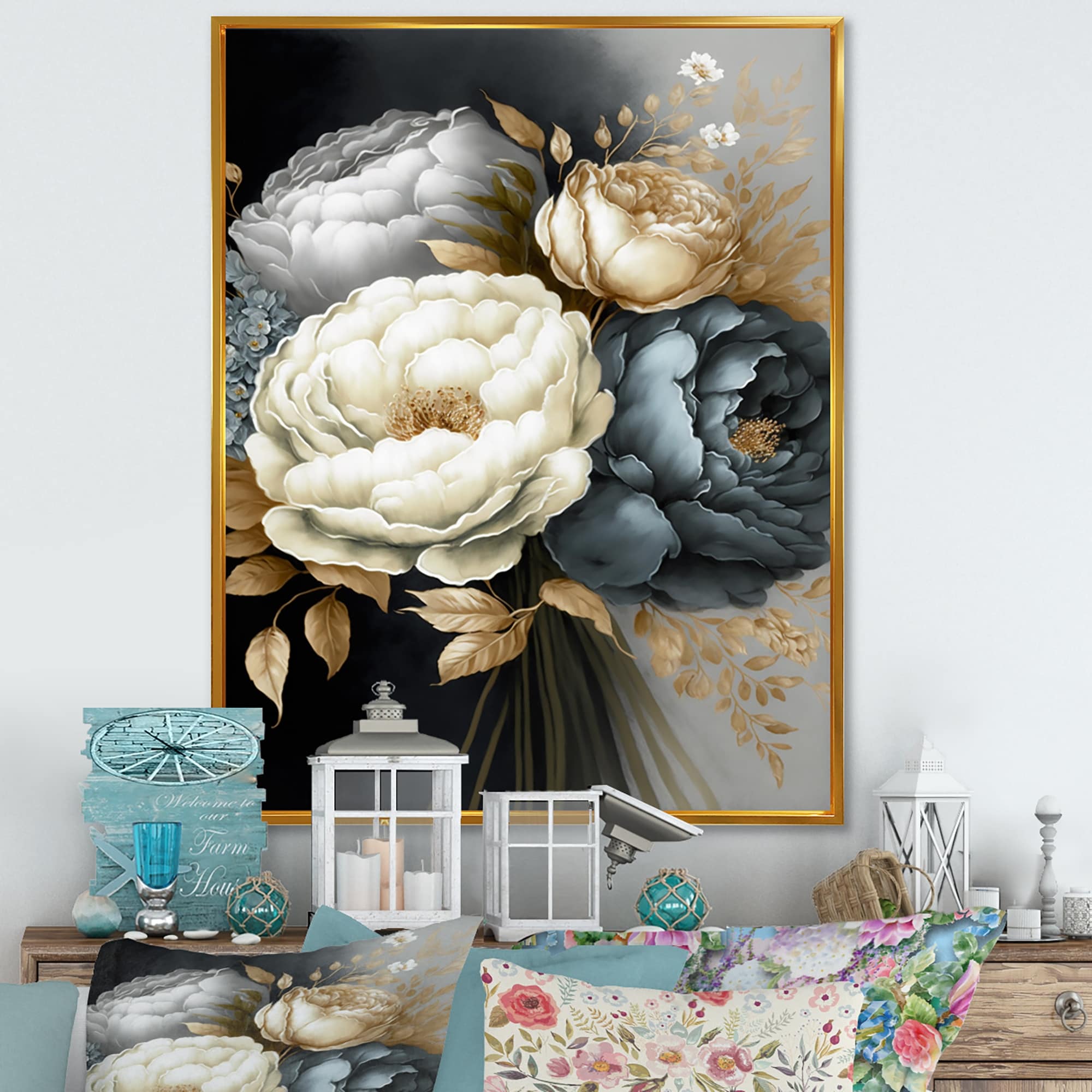 Designart "White, Blue And Grey Peony Bouquet III" Floral & Botanical Framed Canvas Art Print
