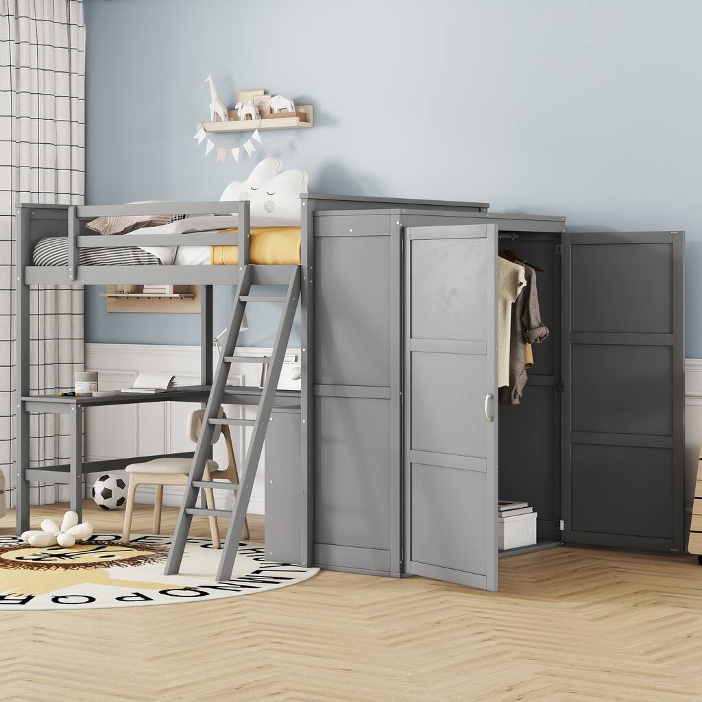 Gray Loft Bed with Desk, Shelves and Wardrobe