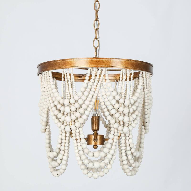 Renia Modern Farmhouse Drum Wood Beaded Chandelier Tiered Boho Chic Foyer Pendant - Single Tier/ 15 inches