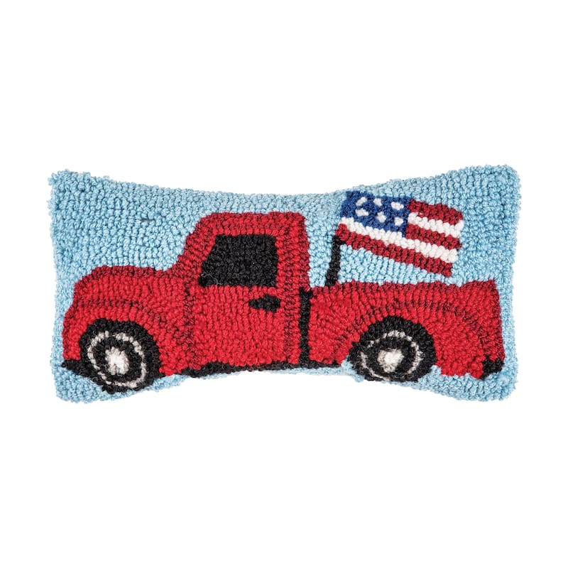 6" x 12" Patriotic Truck Hooked Americana July Fourth Throw Pillow