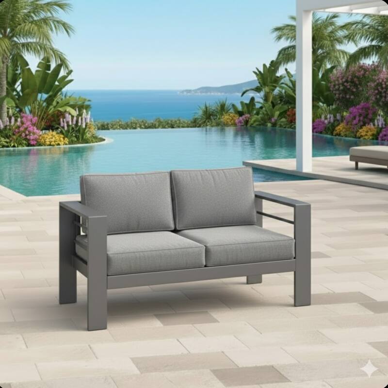 52" Metal Loveseat Patio Sofa with Thick Gray Cushions & Gray Frame